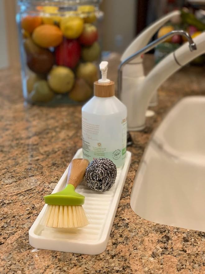 Happitasa Silicone Kitchen Sink Organizer Tray, Sponge Holder and Countertop Protector | Bathroom and Kitchen Soap Dish and Dispenser Tray (White, 12" x 4", 9.2 Ounces, Zigzag)