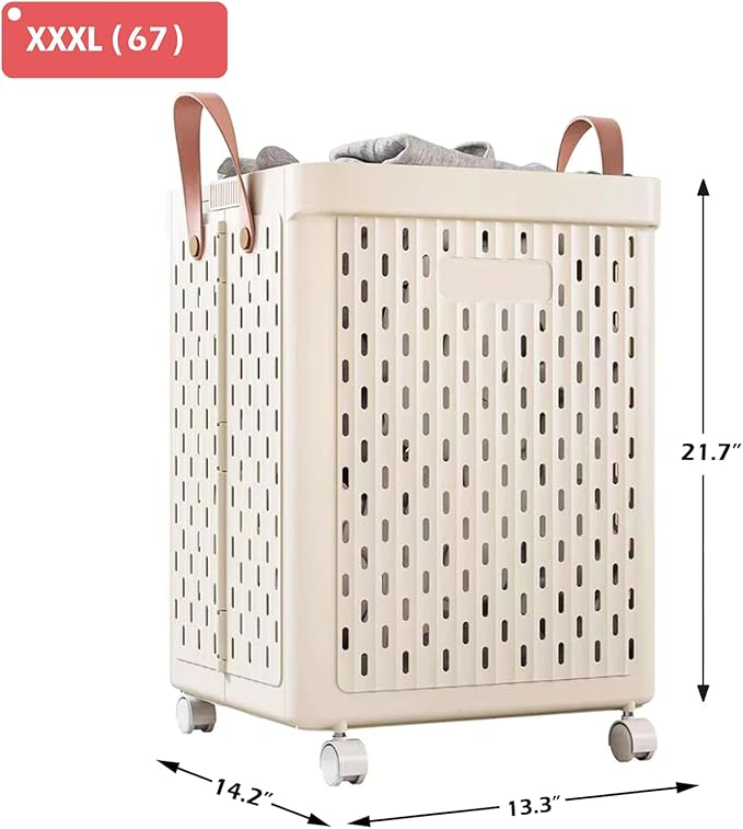 UAK Laundry Basket with Wheels, Collapsible Plastic Laundry Hamper with Handle, Foldable Laundry Basket Organizer for Laundry and Bathroom (Ivory, XXXL)