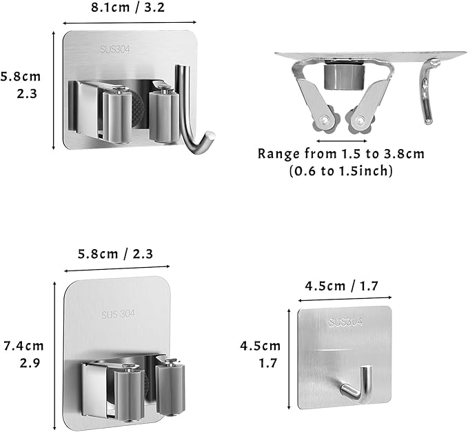 Daily Treasures 6 Pcs Stainless Steel Broom Holder Wall Mount Self Adhesive (with Hook), Adjustable Size Broom and mop Holder, Flexible Freestanding Broom Sticky Back Hooks, Hook Broom Hanger
