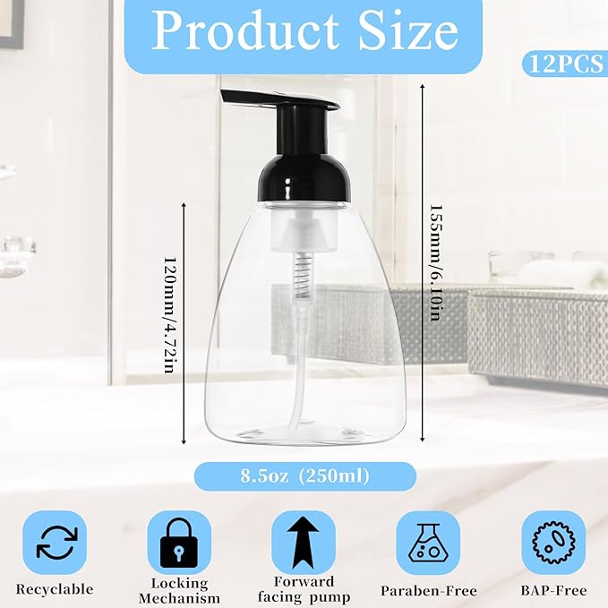 12 Pack Foam Soap Dispenser, 8oz/250ml Refillable Pump Bottle Dispenser Clear Foaming Hand Soap Dispensers Transparent Press Liquid Dish Dishwashing Detergent Containers for Bathroom Kitchen Washstand