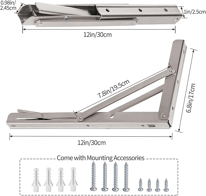 YUMORE Folding Shelf Brackets 12", Max Load: 330lb Heavy Duty Stainless Steel Collapsible Shelf Bracket for Table Work Bench, Space Saving DIY Bracket, Pack of 2
