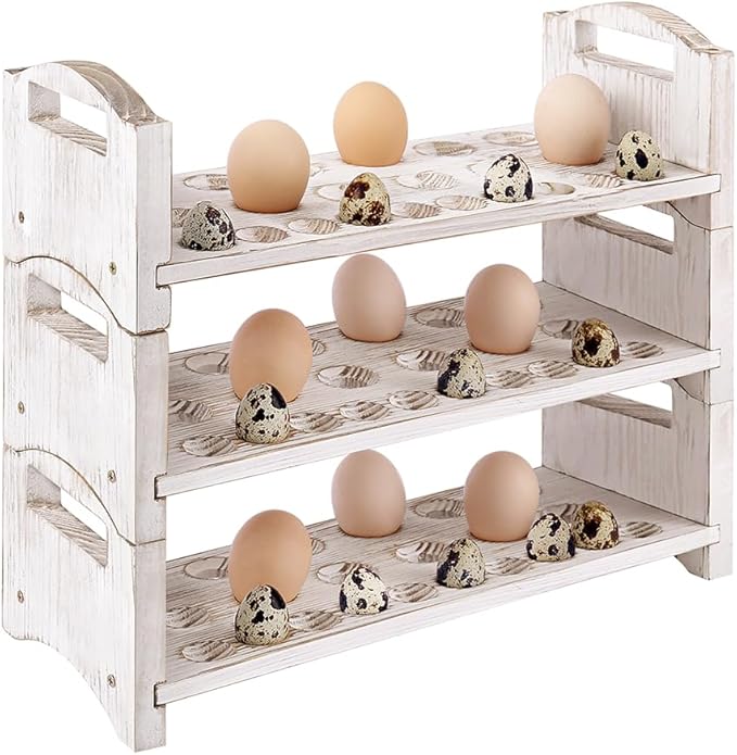 Wooden Egg Holder 3 Layer Fresh Egg Rack Holders Countertop Stackable Quail Egg Sorter Storage Trays Organizer Display Stand Kitchen Rack, Fits Duck, Turkey, Chicken Eggs,up to 36 Eggs, 3 Tier-White