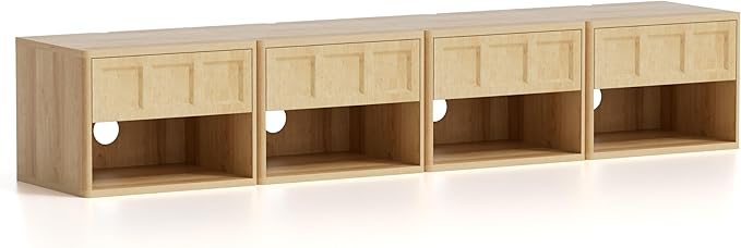 Farmhouse Floating nightstands Set of 4, Small Wall Mounted Storage Cabinet with Drawer Open Shelf, Wood Bedside End Table for Bedroom, Living Room, Natural Oak
