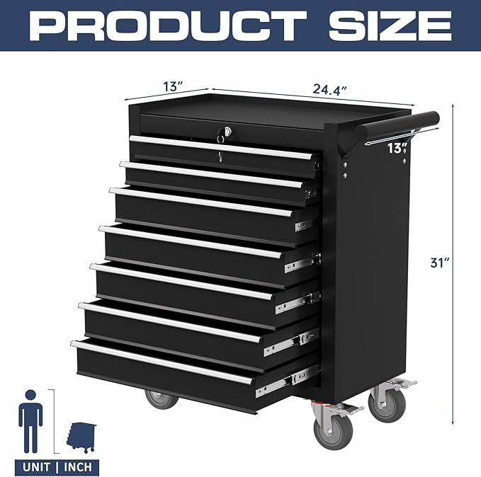 7-Drawer Tool Chest,Rolling Tool Cart with Wheels,High Capacity Tool Cabinet with Locking System for Garage, Warehouse, Workshop-Black