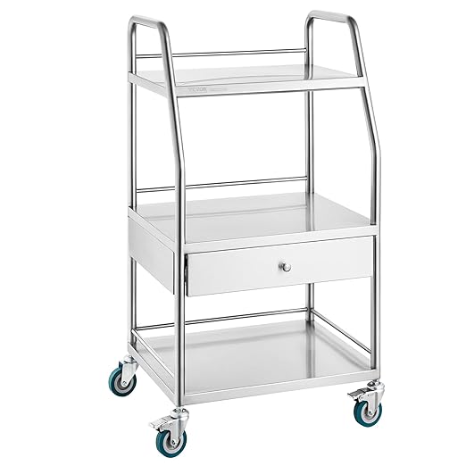 VEVOR Stainless Steel Utility Cart with 3 Shelves & 1 Drawer, 360 Swivel Casters, 220lbs Capacity