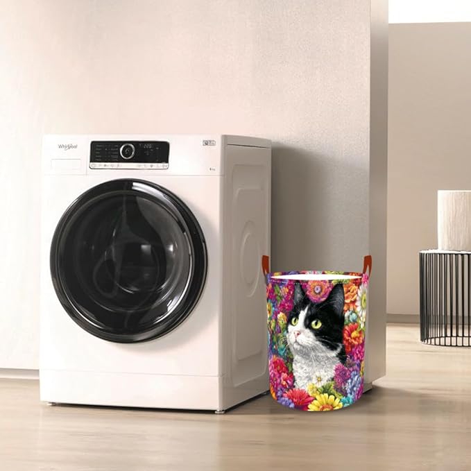 Laundry Baskets 15.7x19.7 Inch Large Cat Floral Garden Design Collapsible Laundry Hamper with Handles Oxford Fabric Clothes Storage Bin Foldable Dirty Clothes Organizer for Bedroom Bathroom Dorm