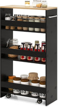 Slim Rolling Storage Cart, 4 Tier Narrow Kitchen Cart with Wheels, Between Washer and Dryer Cart, Wood Shelving Unit Organizer w/Handle for Small Spaces (Black, 8-inch)