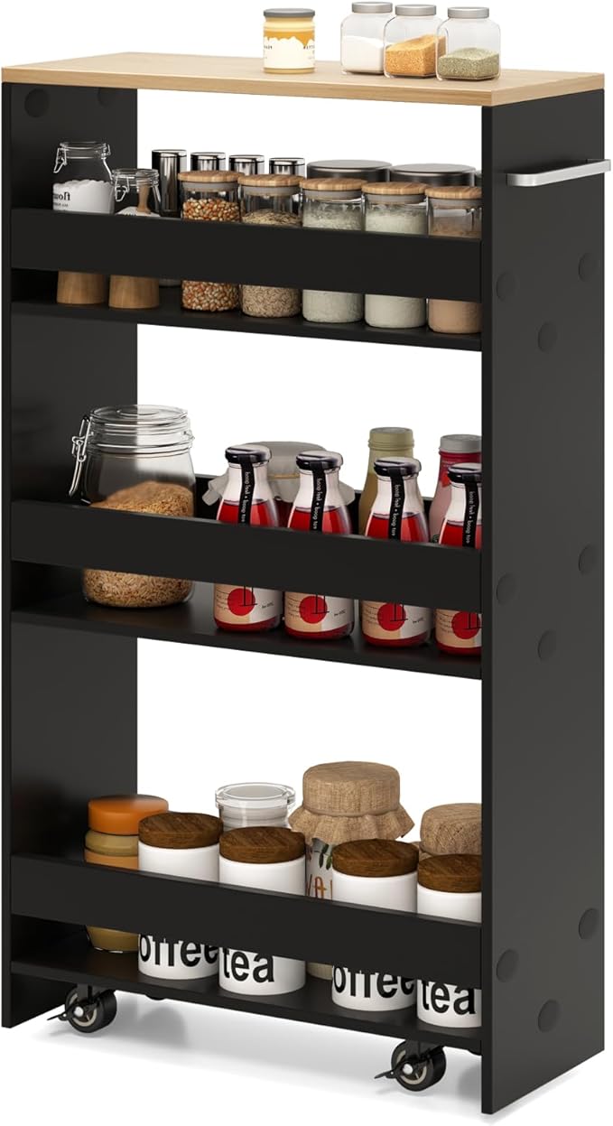 Slim Rolling Storage Cart, 4 Tier Narrow Kitchen Cart with Wheels, Between Washer and Dryer Cart, Wood Shelving Unit Organizer w/Handle for Small Spaces (Black, 8-inch)