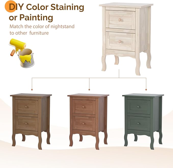 VINGLI Nightstands Set of 2, Unfinished Solid Wood Nightstand Color DIY, Small Nightstand for Bedroom, Natural Wood Night Stand with Drawers, Light Wood Night Stands, Real Wooden Bedside Table