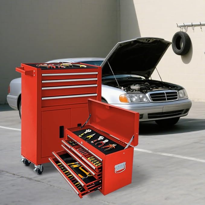 Tool Chest 13-Drawer with Double Door Handle,2 in 1 Detachable Rolling Tool Chests with Wheels and Drawers,Large Tool Box with Lock for Warehouse,Garage (Red)