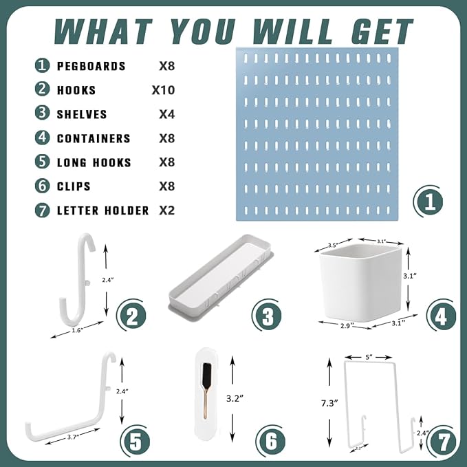 Pegboard Combination Kit, 25.2" x 50.4" Wall Mounted Storage Set with 8 Pegboards & 40 Accessories Hanging, Peg Boards Organizer