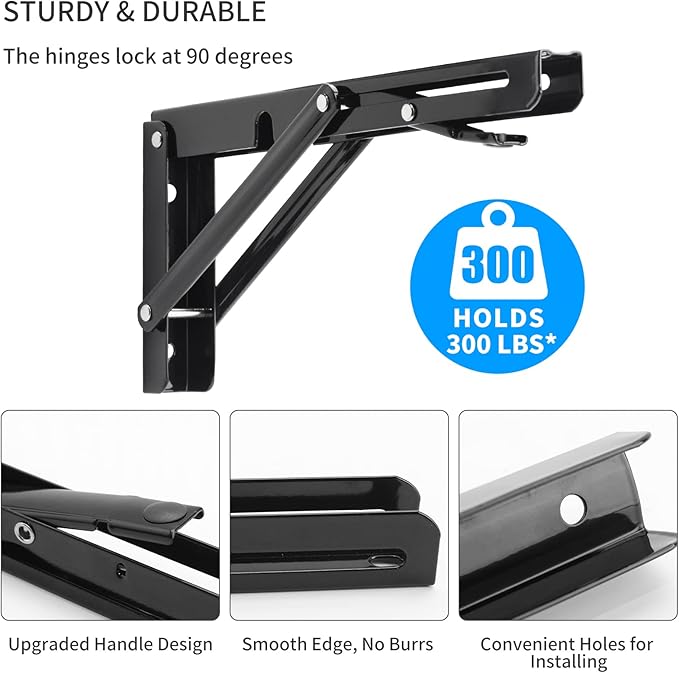 YUMORE Folding Shelf Brackets, 10 Inch Heavy Duty Collapsible Shelf Bracket, Black DIY L Bracket for Workbench Folding Table Hinge, Max Load: 330lb, 2 Pack
