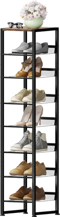 8 Tiers Vertical Shoe Rack, Corner Shoe Storage Organizer, Narrow Shoe Tower for 6 Pairs, Space Saving Sturdy Metal Shoe Shelf, Adjustable, Freestanding, for Entryway, Hallway, Living Room, Bedroom