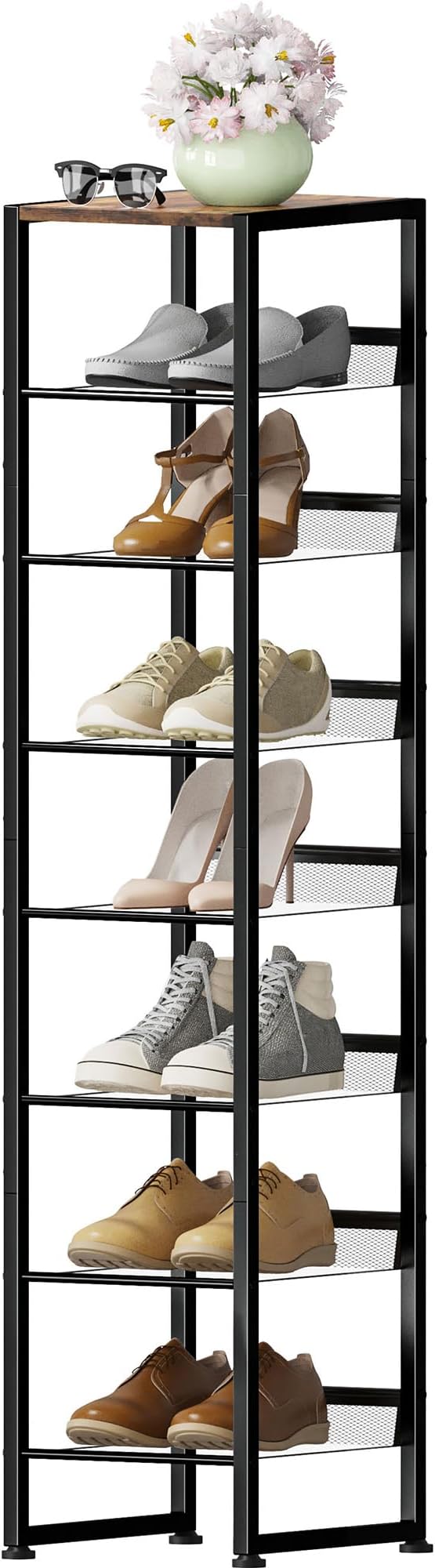 8 Tiers Vertical Shoe Rack, Corner Shoe Storage Organizer, Narrow Shoe Tower for 6 Pairs, Space Saving Sturdy Metal Shoe Shelf, Adjustable, Freestanding, for Entryway, Hallway, Living Room, Bedroom