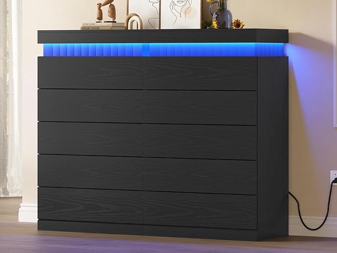 Tall Black 5 Dresser for Bedroom, Sliding Top Storage Space, Modern Wood Drawers with LED Light and Power Outlet, Large Chest of Drawer for Living Room, Hallway, Entryway (5 Drawers,Black)