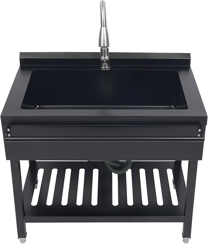 Stainless Steel Utility Sink, Free Standing Single Bowl Kitchen Sink with Pull-Out Cold/Hot Faucet, Splashback & Storage Shelf, Large Utility Sinks for Laundry, Garage 35.4 * 22.4 * 37in