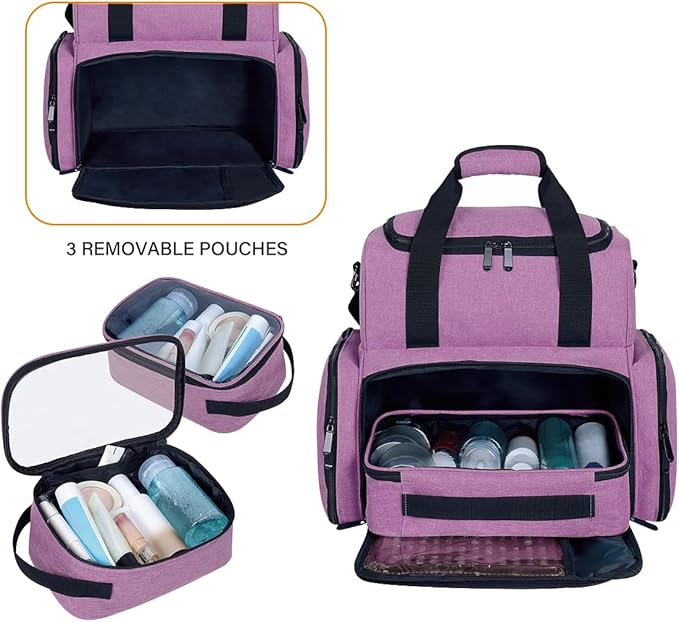 Large Makeup Cosmetic Bag with 3 Removable Case and 2 Removable Dividers Double Layer Travel Storage Organizer, Makeup Brushes Storage Section Purple