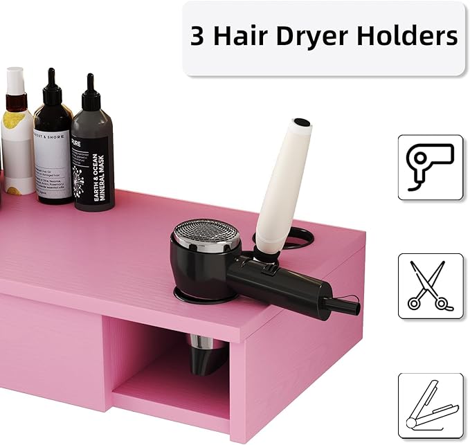 4ever2buy Salon Stations for Hair Stylist, Wall Mount Barber Station with Barber Cabinet, Hair Station Equipment Hair Dryer Holder, Drawers, Mirror not Included, Pink