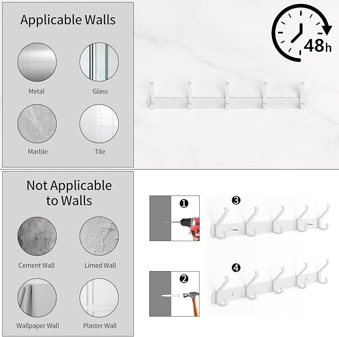 Coat Rack Wall Mount,17.3 in Wall Hooks for Hanging, Coat Hanger Wall Mount Towel Rack Hat Rack for Wall with 5 Hooks for Entryway, Bedroom, Bathroom (White,5Hooks-2Pack)