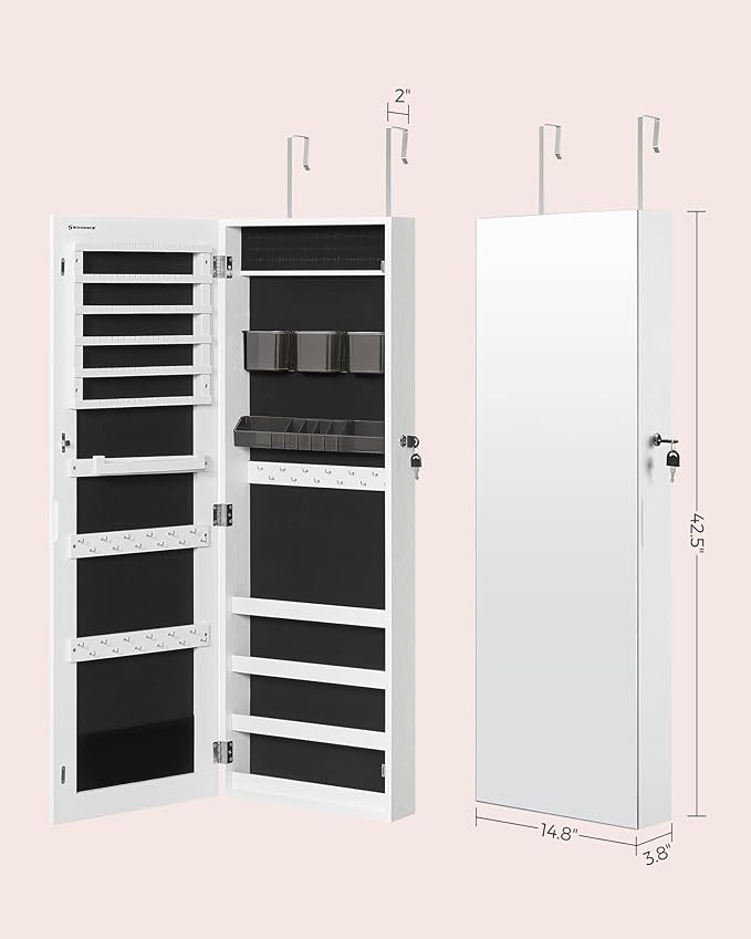 SONGMICS Jewelry Cabinet Armoire, Lockable Wall-Mounted Organizer Unit with 2 Plastic Cosmetic Storage Trays, Full-Length Frameless Mirror, Christmas Gift, White UJJC001W01