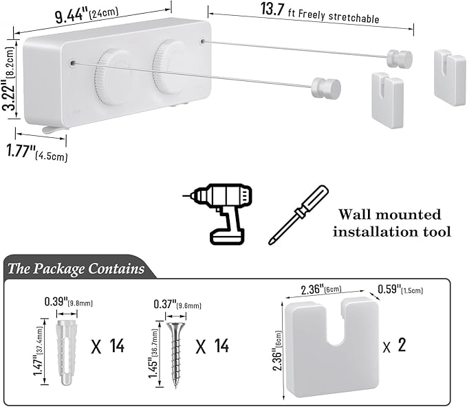 Danpoo Retractable Clothesline, Anti-Sag Adjustable Knob Heavy-Duty Clothes Line for Indoors/Outdoors with 2 * 13.8ft Stainless Steel Wire, Laundry Wall Drying Solutions