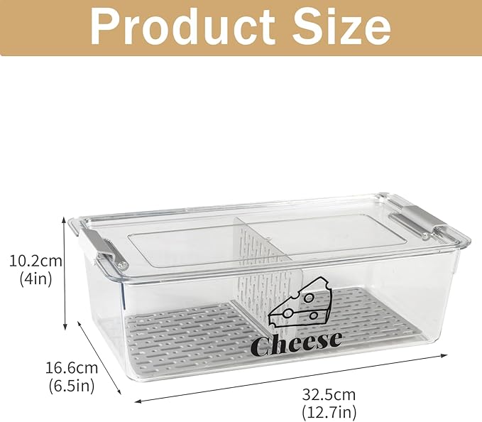 Cheese Container Airtight with Draining Basket Cream Block Cheese Sliced Cheeses Box with Lid for Fridge Shredded Saver 2 Compartment Deli Meat Storage Box,Cheeses Sliced,Grated,Cheddar Keeper