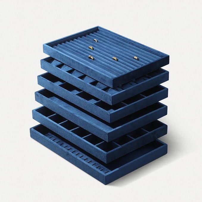 Velvet Stackable Jewelry Display Tray, 24 Grid Earring Ring Storage Tray, Drawer Divider Jewelry Accessories Organizer Plate (Blue)