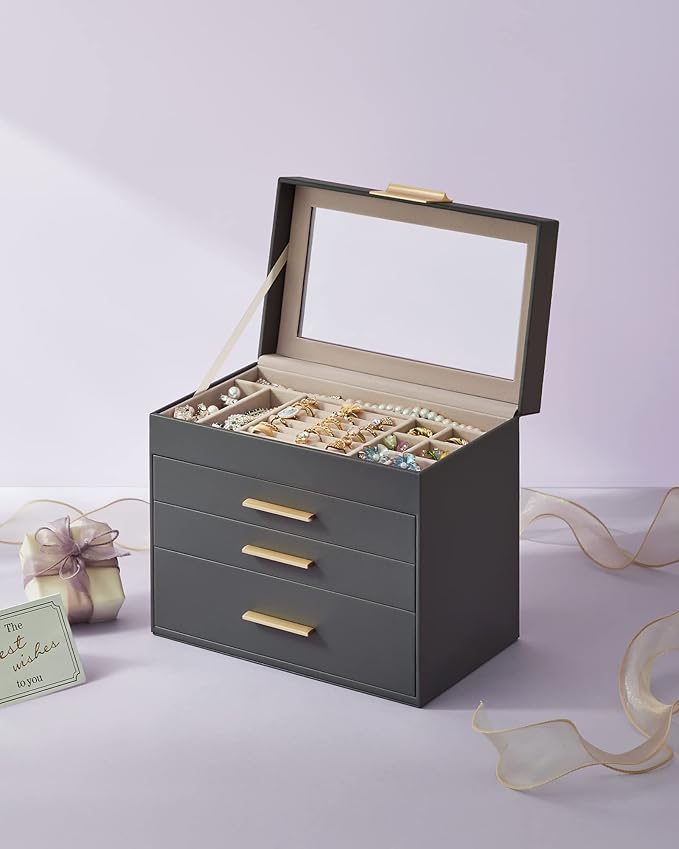 SONGMICS Jewelry Box Organizer with Glass Lid, 4-Layer Jewelry Storage, with 3 Drawers, Modern Style, Christmas Gift, 6 x 9.9 x 8.5 Inches, Gray and Gold Color UJBC161C01