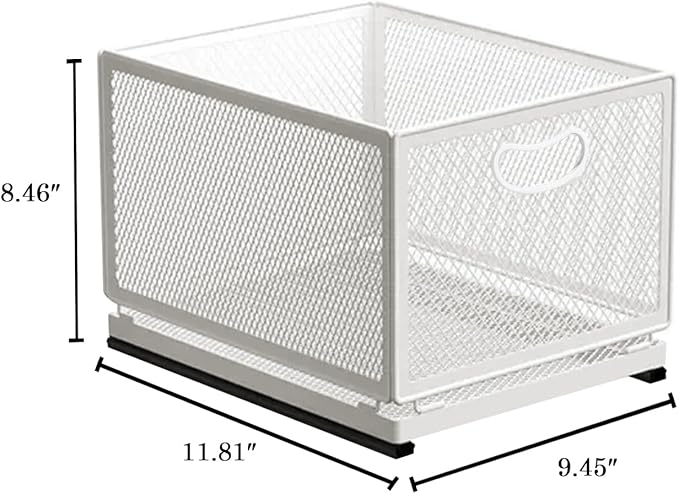 Sliding Cabinet Basket Organizer Drawer Self Adhesive Slide out Pantry Shelves Heavy Duty Carbon Steel Slide Cabinet Storage Basket with Handle for Bathroom Kitchen Home