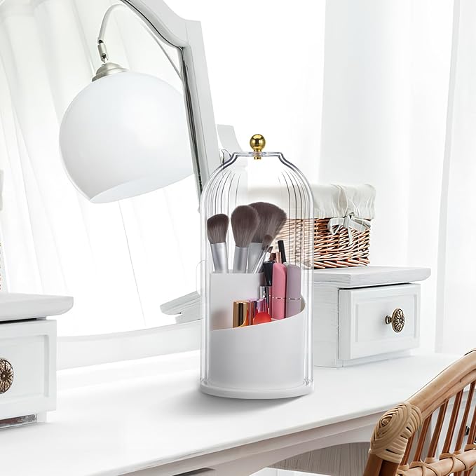 Rotating Makeup Brush Holder With Lid : Makeup Organizer For Vanity Dustproof Cosmetic Brush Organizer For Home Use, White, 9. 84 X 4. 92 X 4. 92 Inches