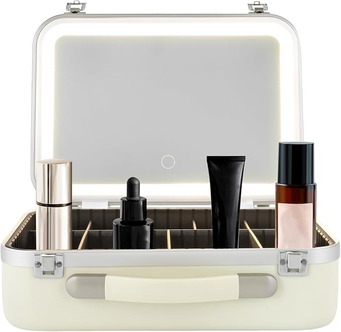 White Rectangular Makeup Case with Mirror, Travel Makeup Bag with Adjustable LED Light in 3 Colors, Portable Train Suitcase for All Kinds of Cosmetics