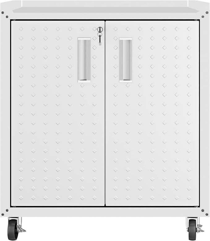 Manhattan Comfort Fortress Textured Metal 31.5" Garage Mobile Cabinet with 2 Adjustable Shelves in White