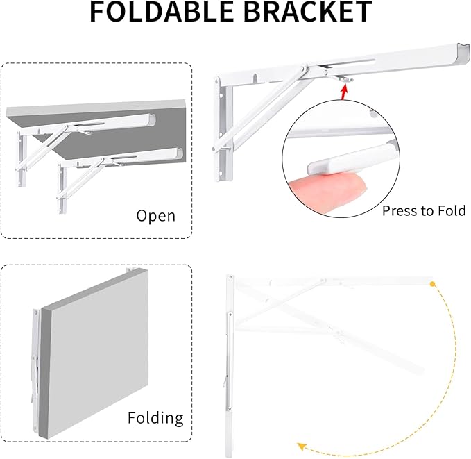 YUMORE White Folding Shelf Brackets, 20 Inch Heavy Duty L Bracket, DIY Collapsible Shelf Bracket for Workbench Folding Table Hinge, Max Load: 330lb, 2 Pack