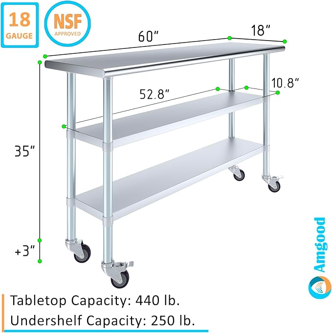 AmGood Stainless Steel Work Table with 2 Shelves and Casters | Metal Utility Table On Wheels (Stainless Steel Work Table with 2 Shelves + Casters, 60" Long x 18" Deep)