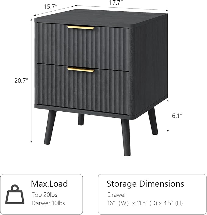 CARPETNAL Fluted Nightstand, Black Bedside Table with 2 Drawers and Gold Handles, Wood End Table Mid Century Night Stands for Bedroom Living Room