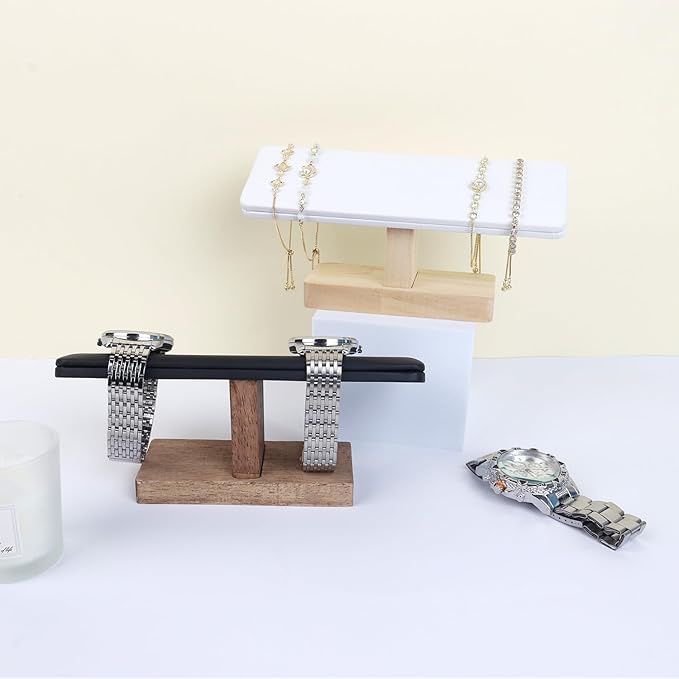 Bracelet Display Tower Jewelry Holder Organizer Rack Wooden Base Watch Display Bangle Scrunchie Headband Headtie Stand Exterior Black PU