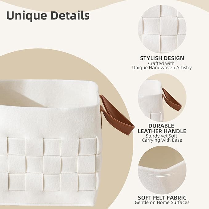 boldmonkey Storage Basket 3 Pack, Medium 10" x10" x10 " Baskets for Shelves with Leather Handle, Cube Felt Fabric Storage Box for Bedroom, Nursery, Living Room - Beige