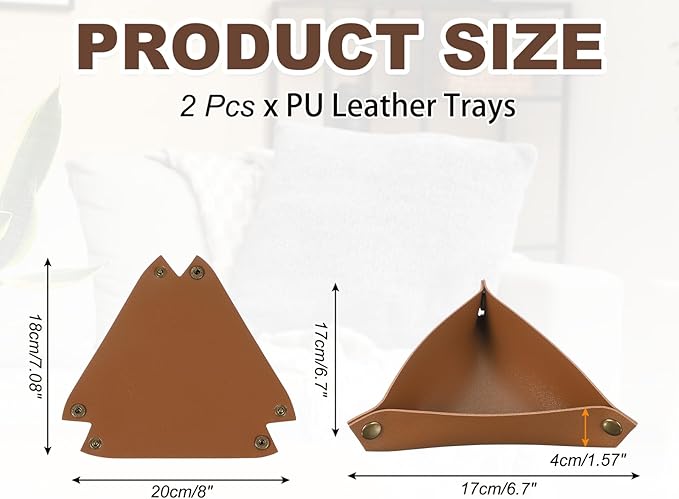 uxcell 2 Pcs Valet Tray for Women and Men, PU Leather Jewelry Tray Entryway Table Bedside Nightstand Catchall Storage Organizer for Jewelry Key Coin Watch Wallet (Triangle, Light Brown)