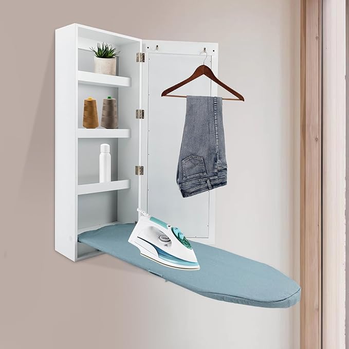 Wall Mounted Ironing Board Cabinet, Built-in Foldable Ironing Board, Wall Ironing Boards with Mirror and 2 Hooks for Home, Apartment & Small Spaces