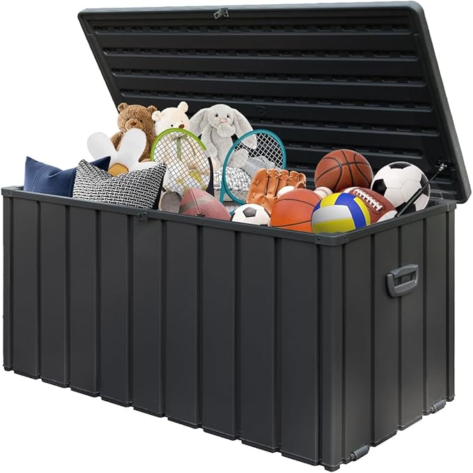 Domi 120 Gallon Deck Box, Metal Outdoor Storage Box with Resin Lid Lock Wheels Side Handles, Waterproof Outside Storage Box for Patio Cushions, Shoes & Pool Tools