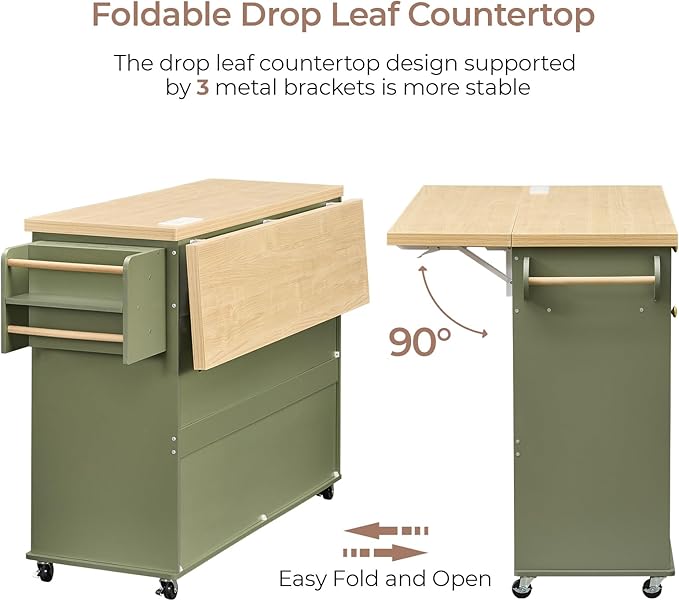 60.2" Kitchen Islands with Storage, Kitchen Island Cart with Trash Can Storage Cabinet, Rolling Kitchen Island Table with Drop Leaf & Power Outlet & Spice Rack & Towel Rack & Knife Holder, Green