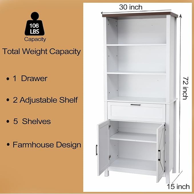 GarveeHome Bookshelf with Doors, 6-Tire Farmhouse Storage Cabinet Bookcase Floor Standing Bookshelves with w/ 1 Drawer and Adjustable Shelves for Homeoffice Living Room, Bedroom