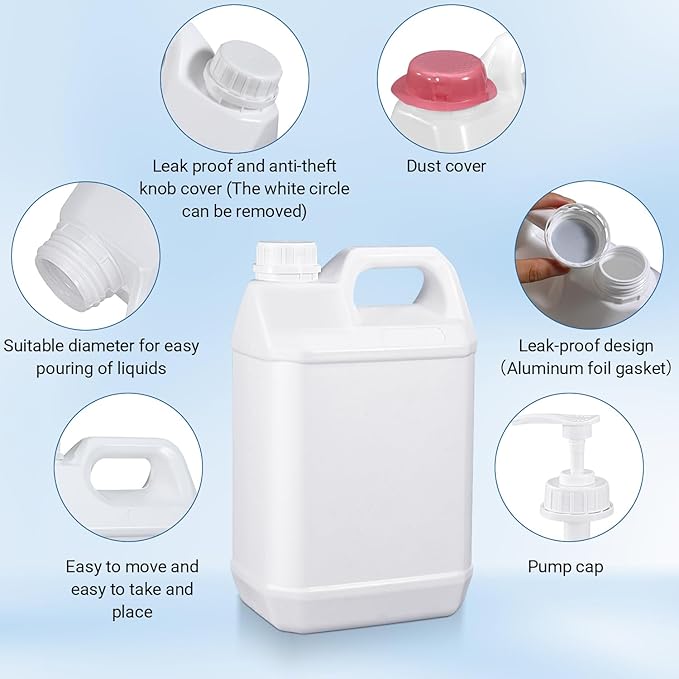 1 Gallon Plastic F-Style Jug (4-Pack) Reusable Food-Safe, Heavy-Duty HDPE Containers for Water, Sauces, Soaps, Detergents, Honey Liquids with Screw-On Cap and Pump Cap (White, 1 Gallon)
