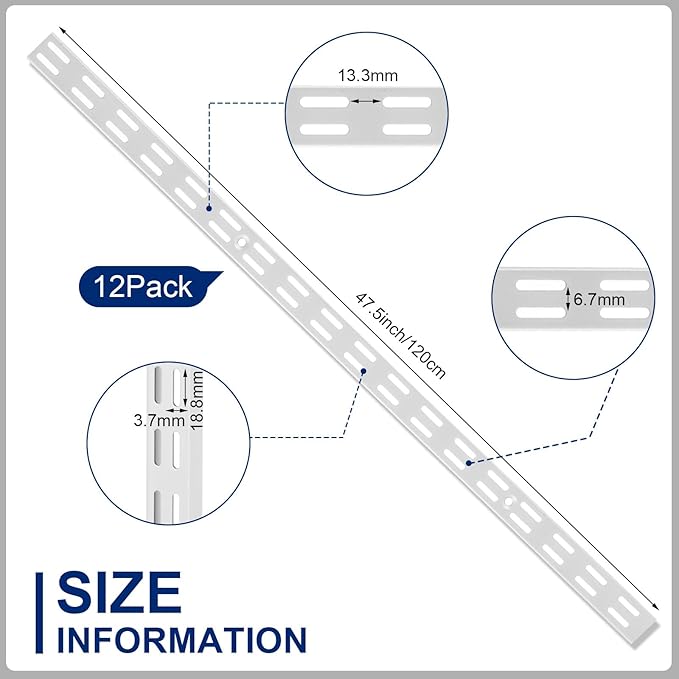 12 Pack 47 Inch Dual Track Upright Wall Shelving System Shelf Bracket Twin Slot Shelf Rail Twin Track Upright Heavy Duty Support System for Pantries, Linen Closets, Laundry Rooms (White)
