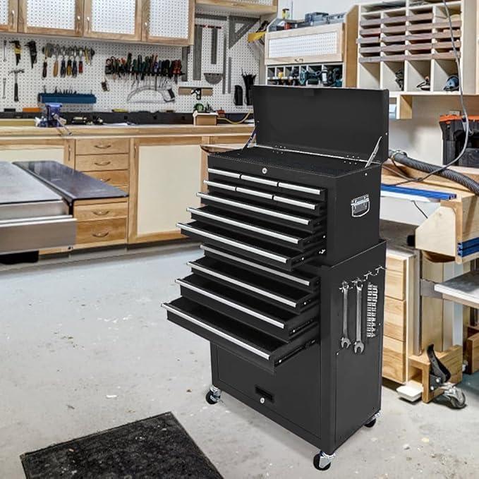 13-Drawer Rolling Tool Chest,Tool box with Wheels, Tool Cabinets with Drawers, Top Detachable Tool Chest with Hooks Handles for Workshop Mechanical Garage - Black