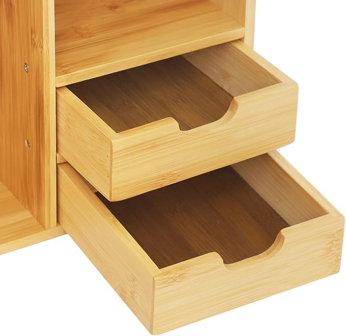 Bamboo Desktop Bookshelf 2-Tier Short Bookshelf with 2 Drawers Desk Shelf for Top of Desk Organizer Shelves Table Top Shelf Desktop Shelves for Offices & Studies (Long Style-26.77" L)