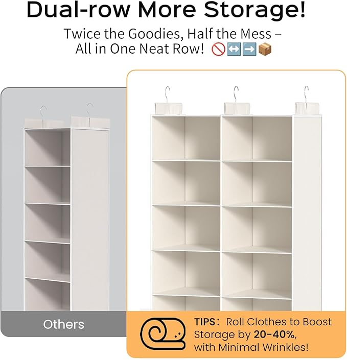 Dual-Row Hanging Closet Organizer – Foldable Clothes Storage Shelves with 3 Hooks, Space-Saving Wardrobe Organizer for Dorm Rooms, Bedroom or Closet (White, 6 Tier)