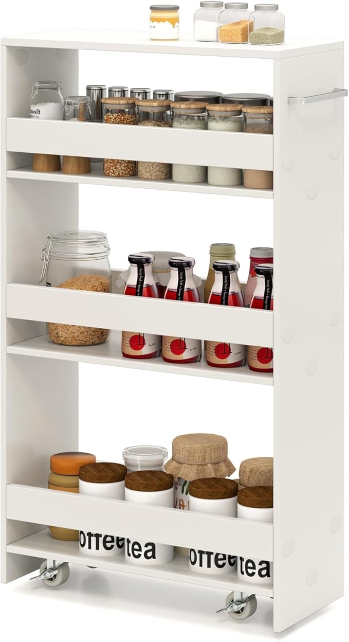Slim Rolling Storage Cart, 4 Tier Narrow Kitchen Cart with Wheels, Between Washer and Dryer Cart, Wood Shelving Unit Organizer w/Handle for Small Spaces (White, 8-Inch)