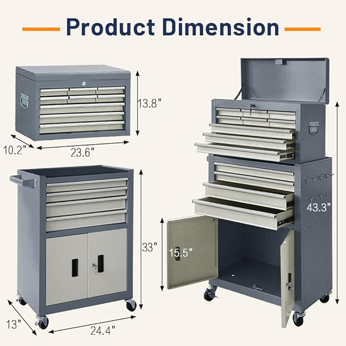 13-Drawer Double Door Rolling Tool Chest, 2 in 1 Detachable Tool Chest,Tool Box with Drawers and Wheels, Large Tool Cabinet with Lock, Metal Standing Toolbox for Garage Workshop-Gray&White