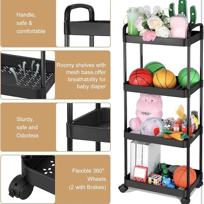 3-Layer, 4-Layer Rolling Cart with Wheels, Detachable Utility Storage Cart with Handle Storage Basket Organizer Shelves for Bathroom, Kitchen Pack of 2